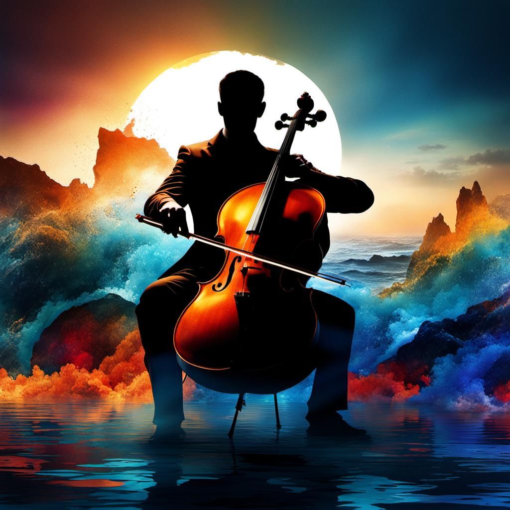 Cello Dancer Silhouette with Ocean Backdrop