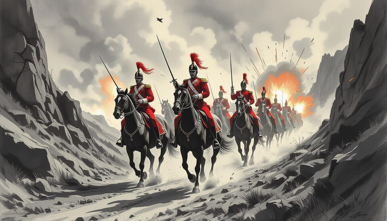 Crimson Hussars Charge in Dramatic Charcoal Drawing