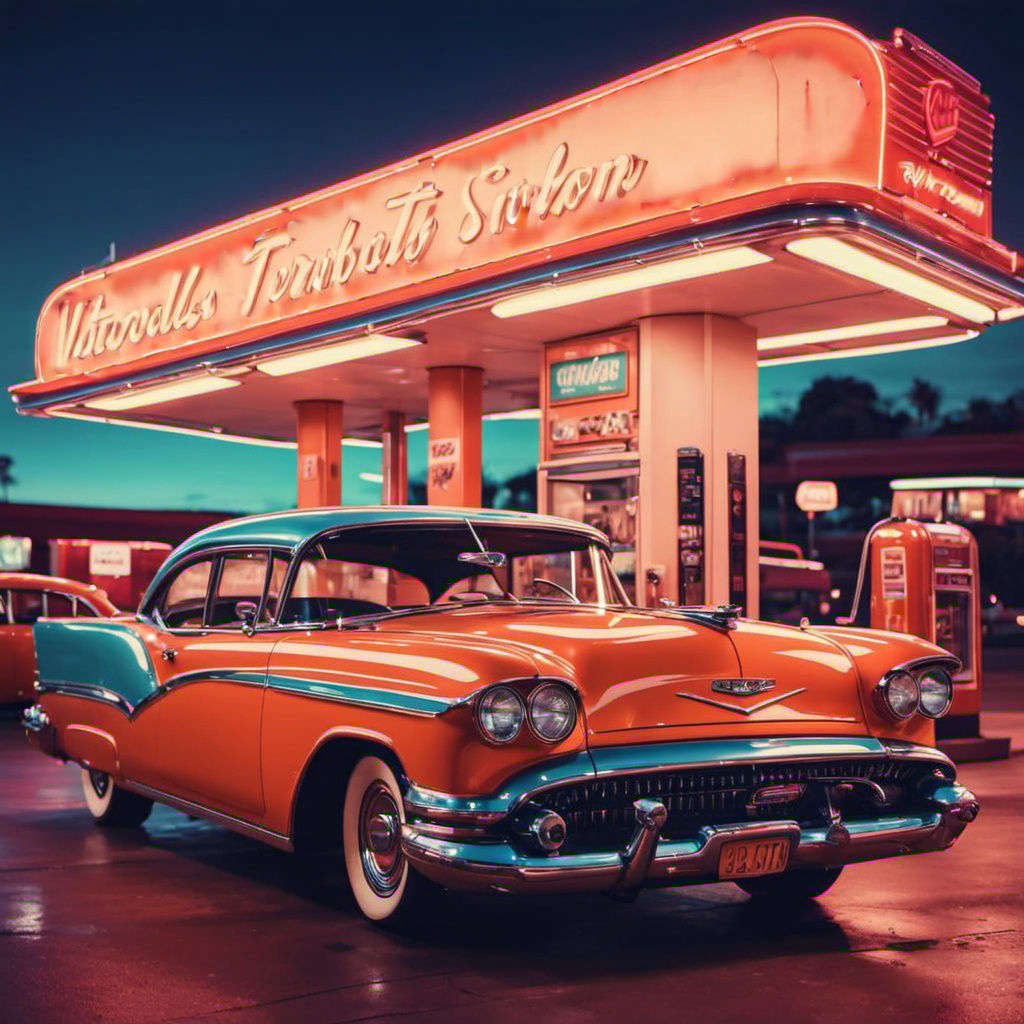 Vintage Gas Station Scene with Retro Cars and Tattooed Girls