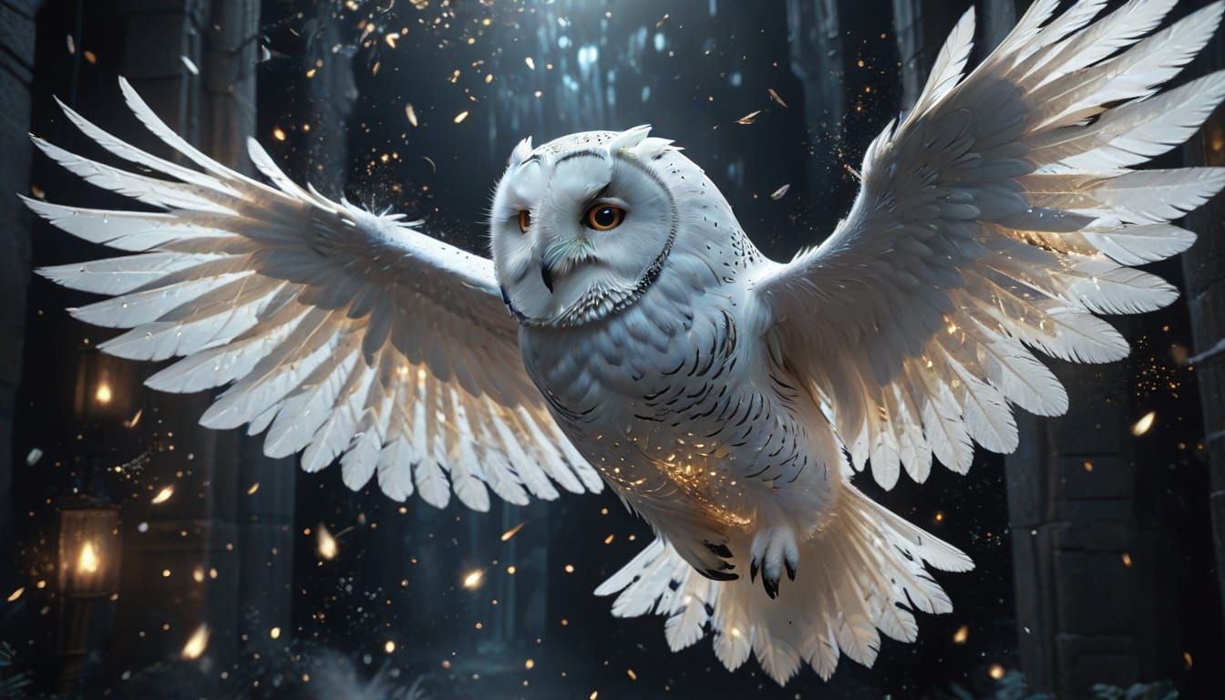 Hedwig the White Owl Flies Through Night