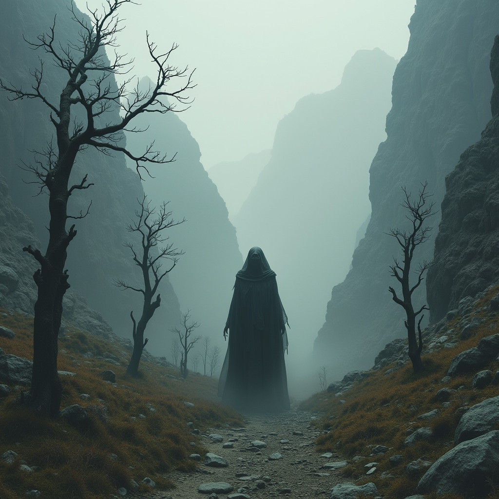 Spectral Figure in Mountain Pass, Surreal Landscape