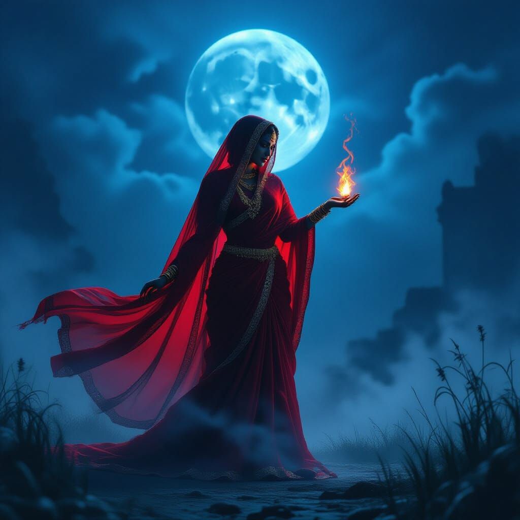 Eerie Ghost in Red Saree Under Blue Moon