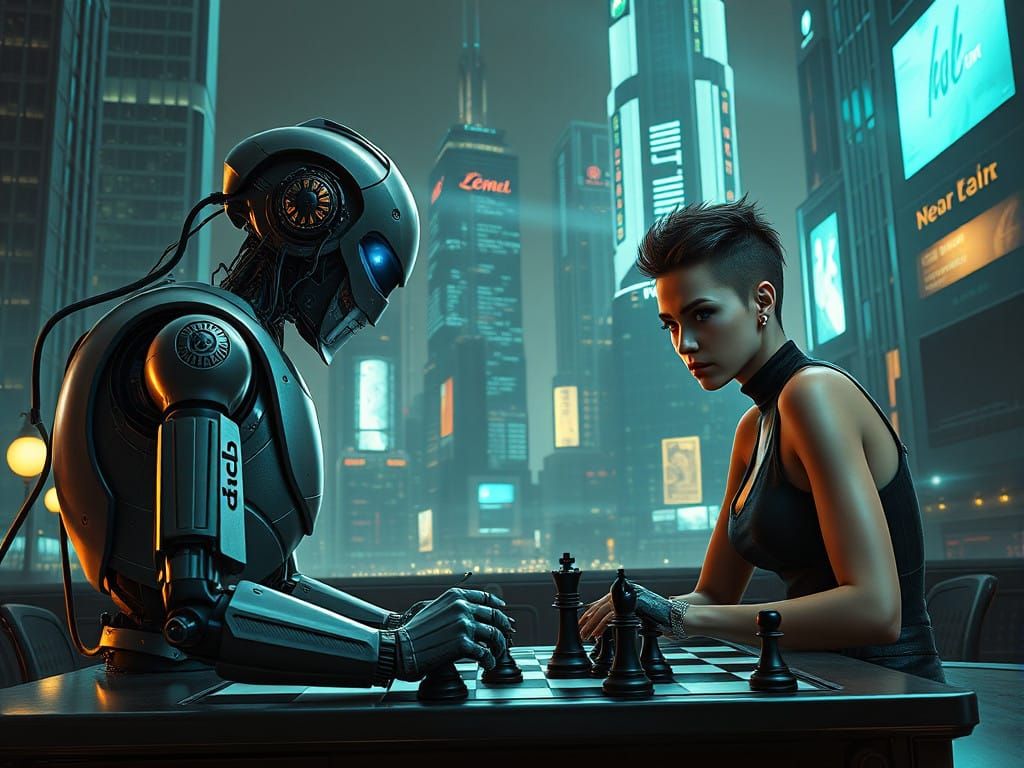 Cyberpunk Robot and Human Engage in High-Stakes Chess Match