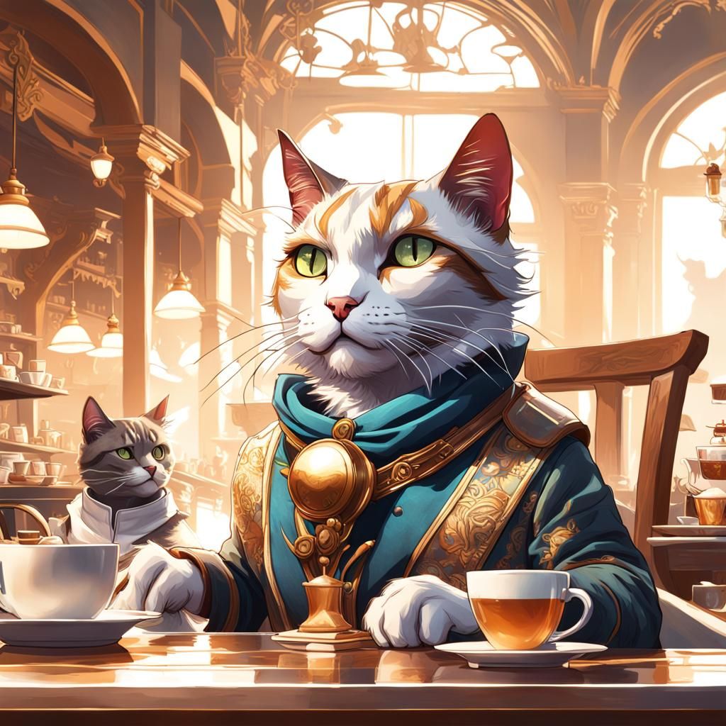 Cats Enjoying Tea in Cafe: Hyperdetailed Concept Art