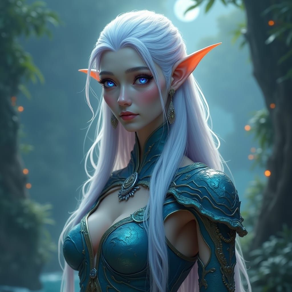 Sea Elf Druid on Moonlit Coast, Detailed Matte Painting