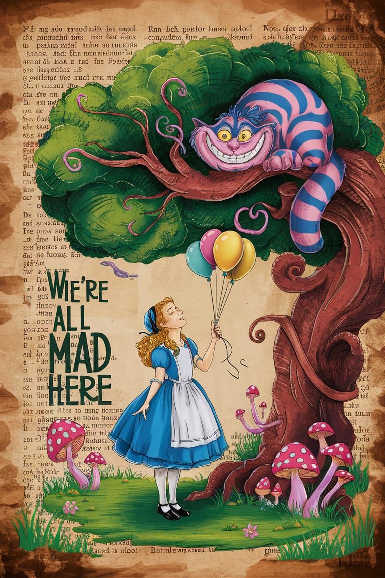 Alice in Wonderland Illustration with Cheshire Cat