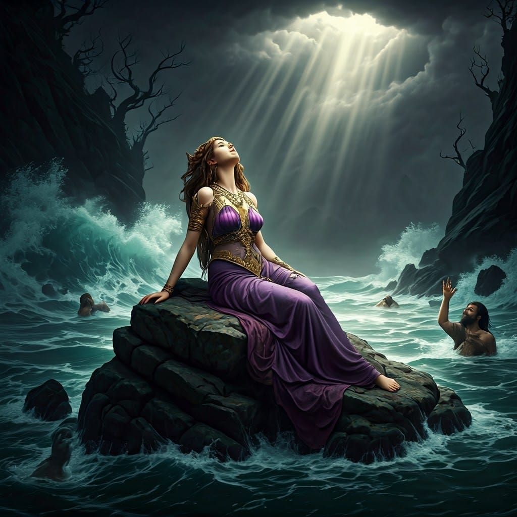 Siren in Dark Fantasy Landscape with Art Nouveau Influences