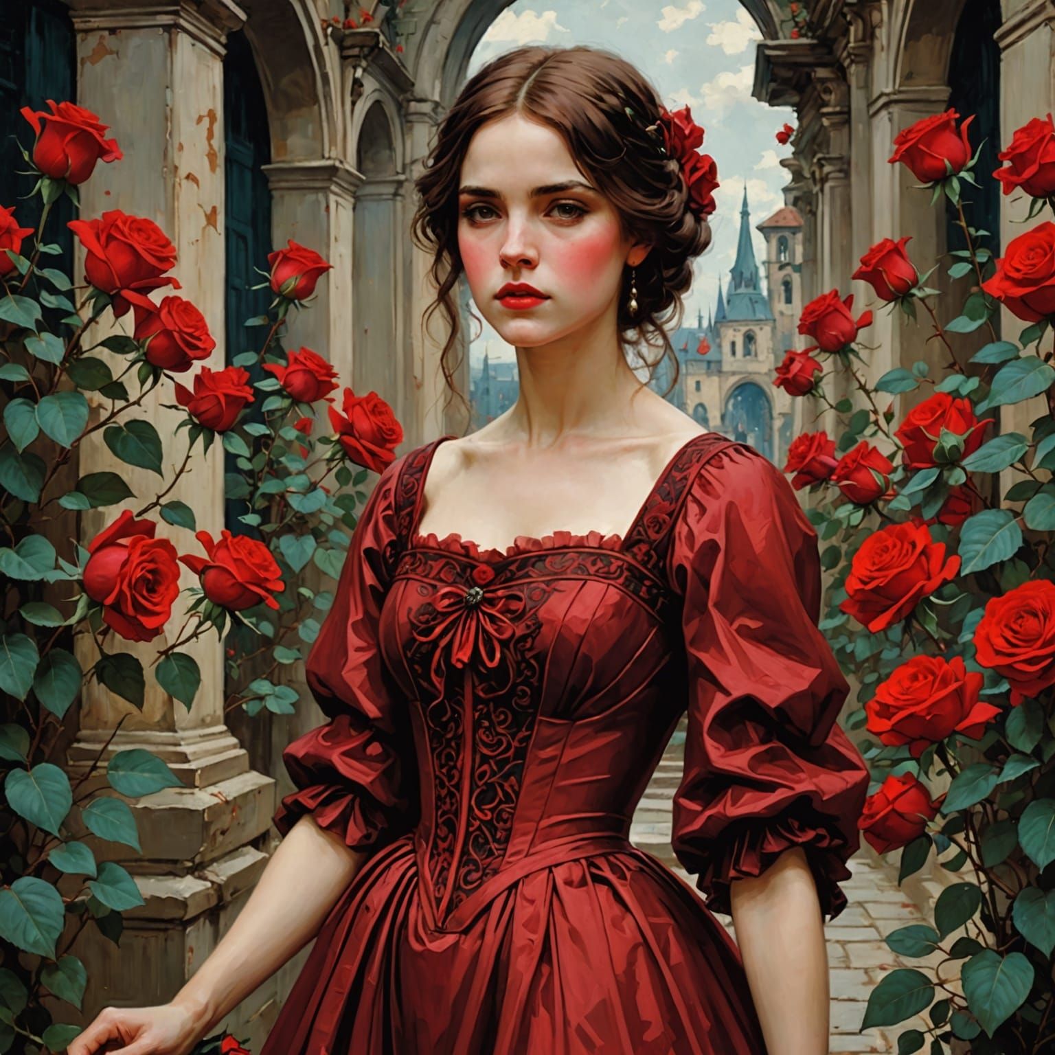 Rouge-Lipped Beauty in Victorian Elegance