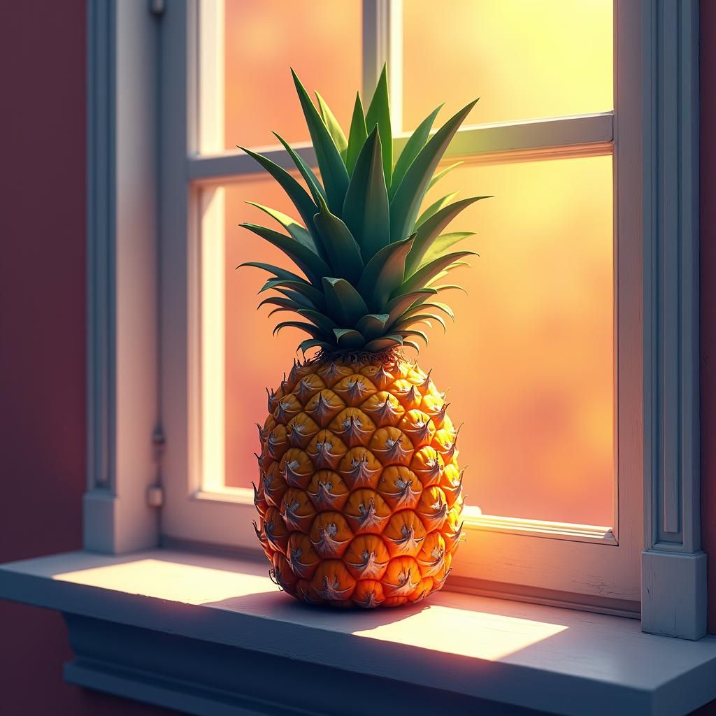 Hyperrealistic Pineapple on Windowsill, Detailed Concept Art