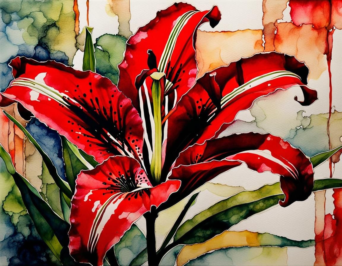 Expressionist Oriental Lily Watercolor and Ink Sketch