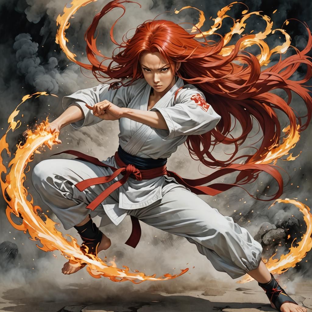 Dynamic Female Martial Artist with Flowing Red Hair