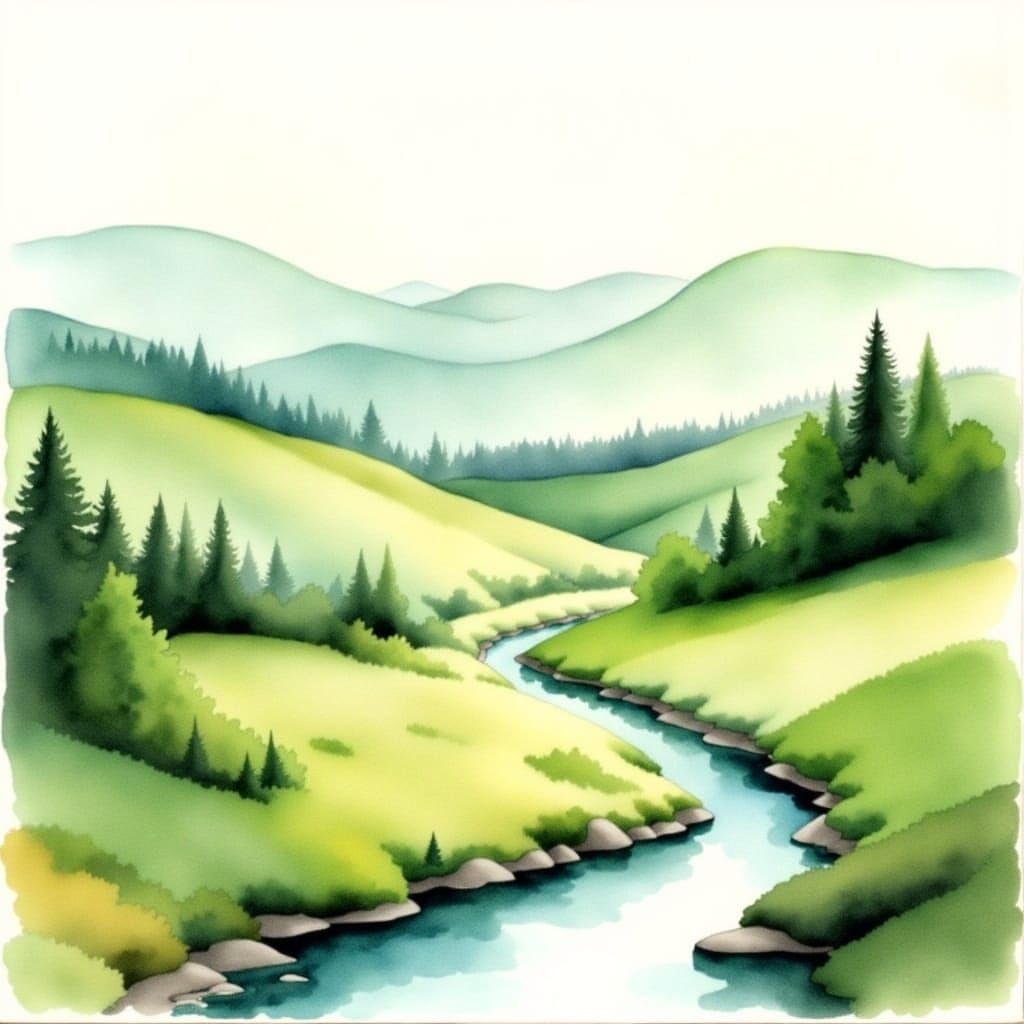 Dreamy Watercolour Landscape with Rolling Hills and River