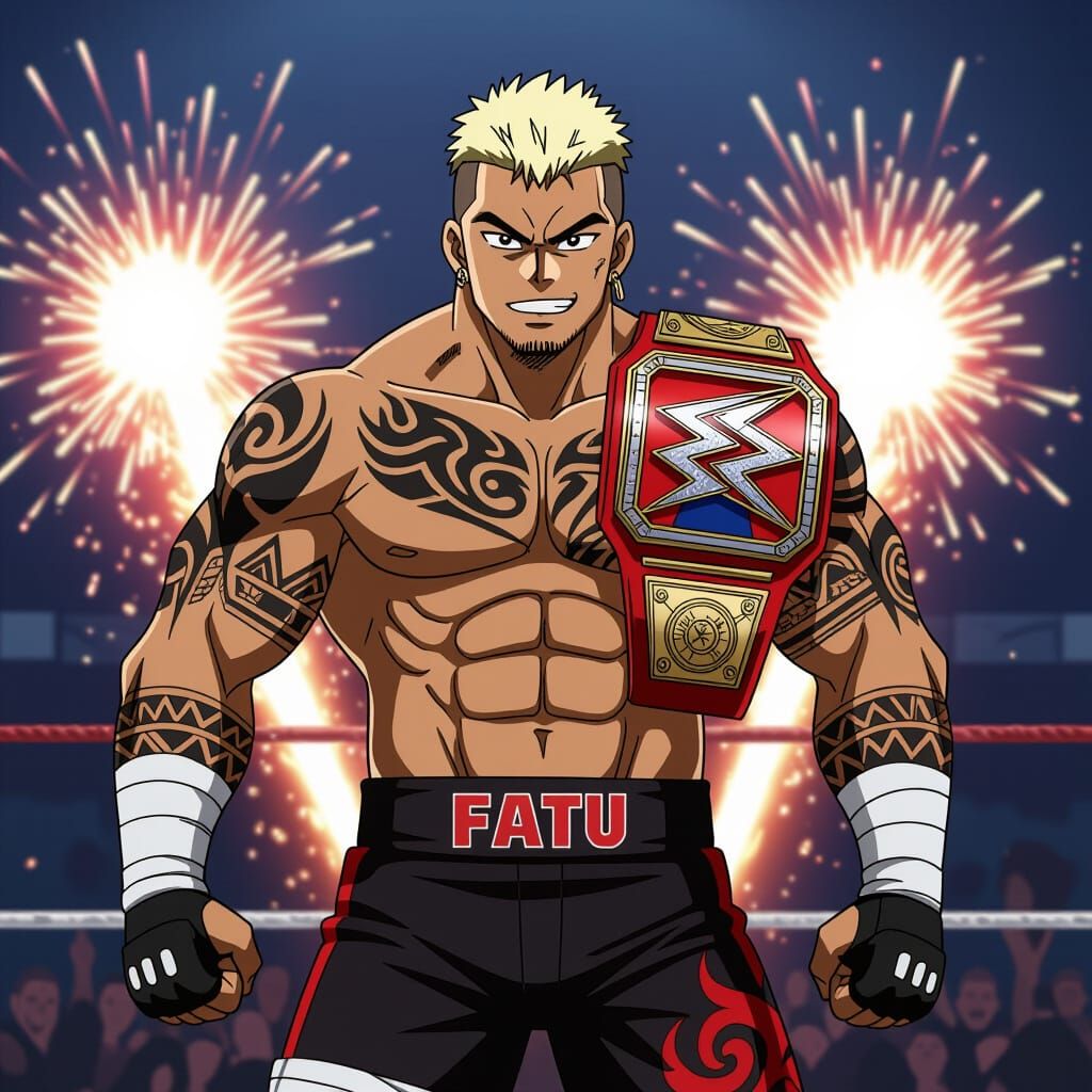 Anime Wrestler With Tribal Tattoos and Fireworks Display