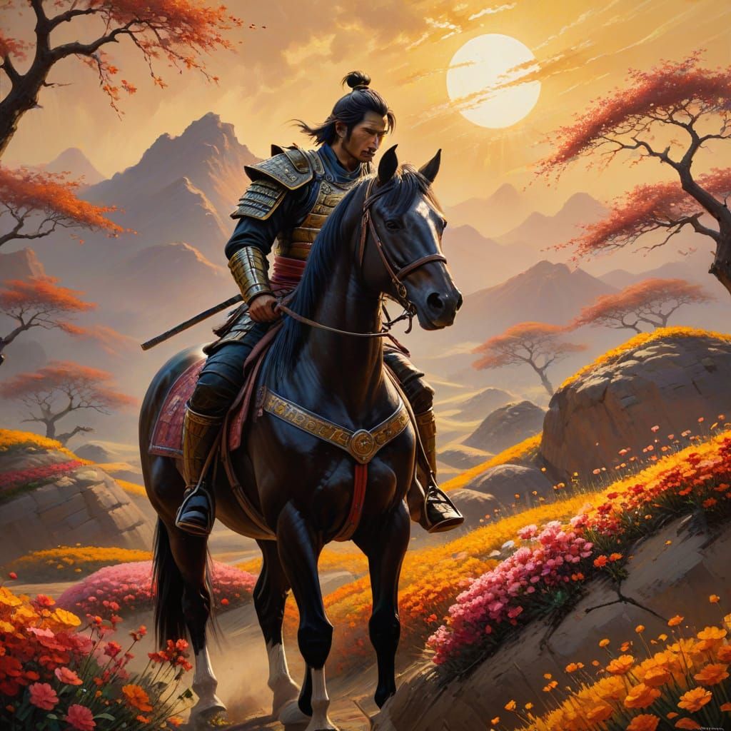 Samurai in Oil Painting with Golden Lighting