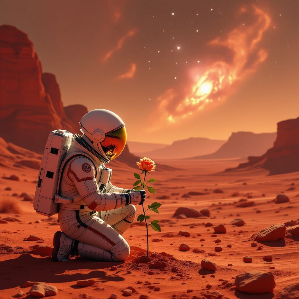 Martian Gardener: Astronaut and Rose in Cyberpunk Style