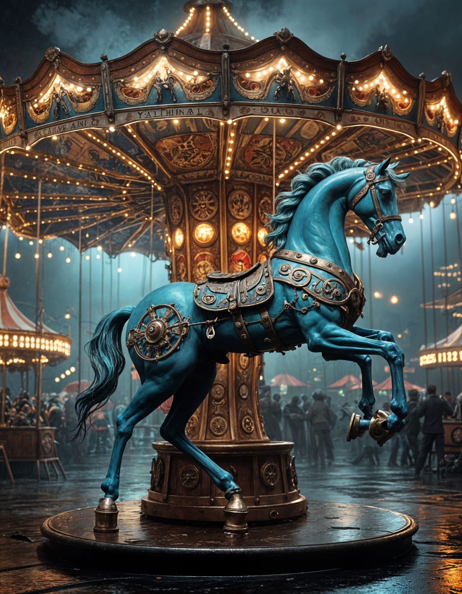 Skeletal Steampunk Carousel Horse in Neon Rain
