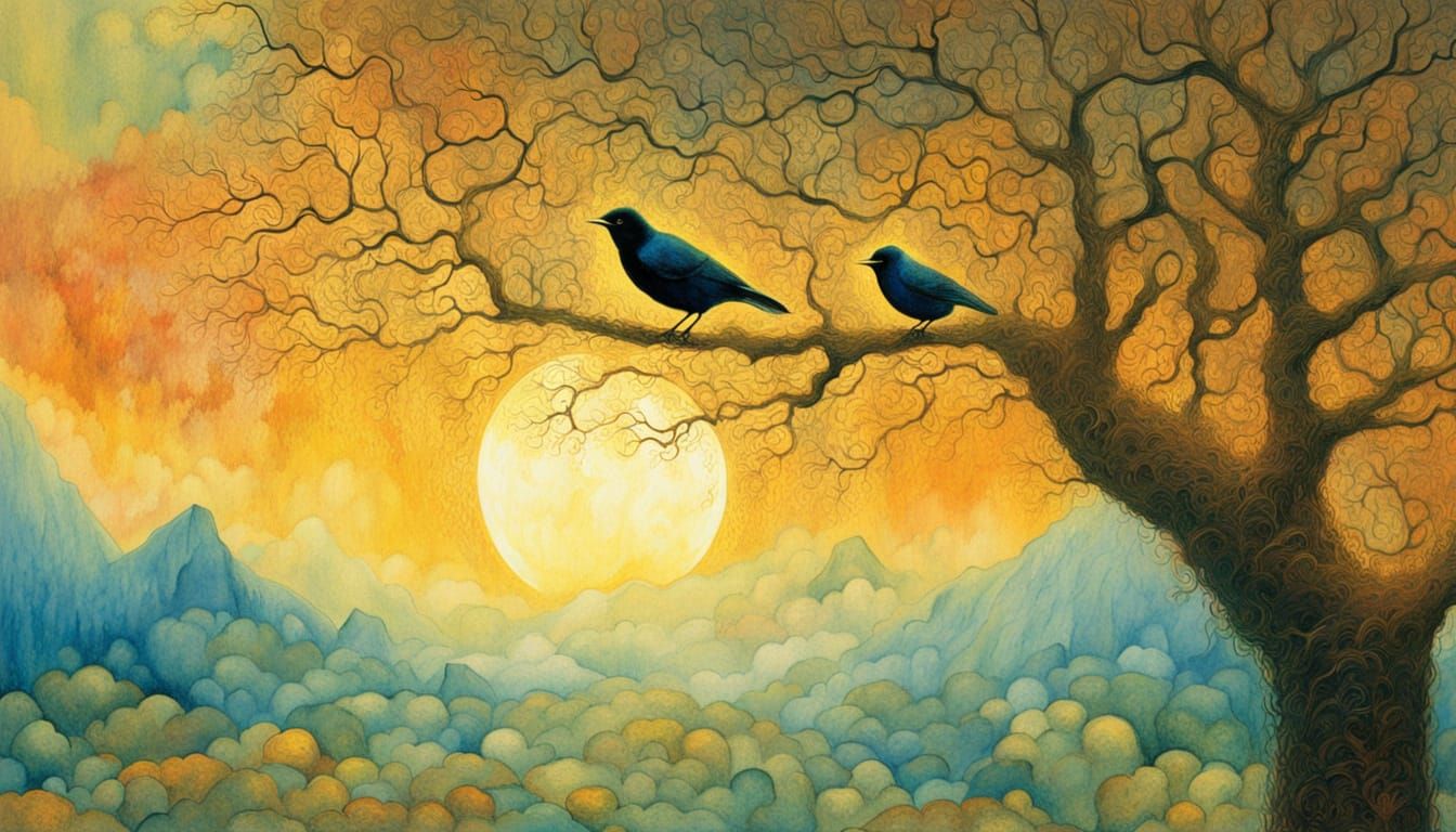 Ethereal Blackbird in Golden Hour, Inked Watercolor Wonderla...