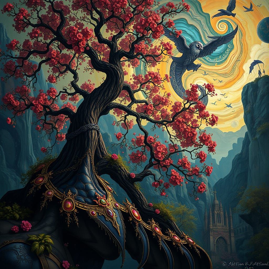Gustav Klimt-Inspired Fantasy Tree in Deep Colors