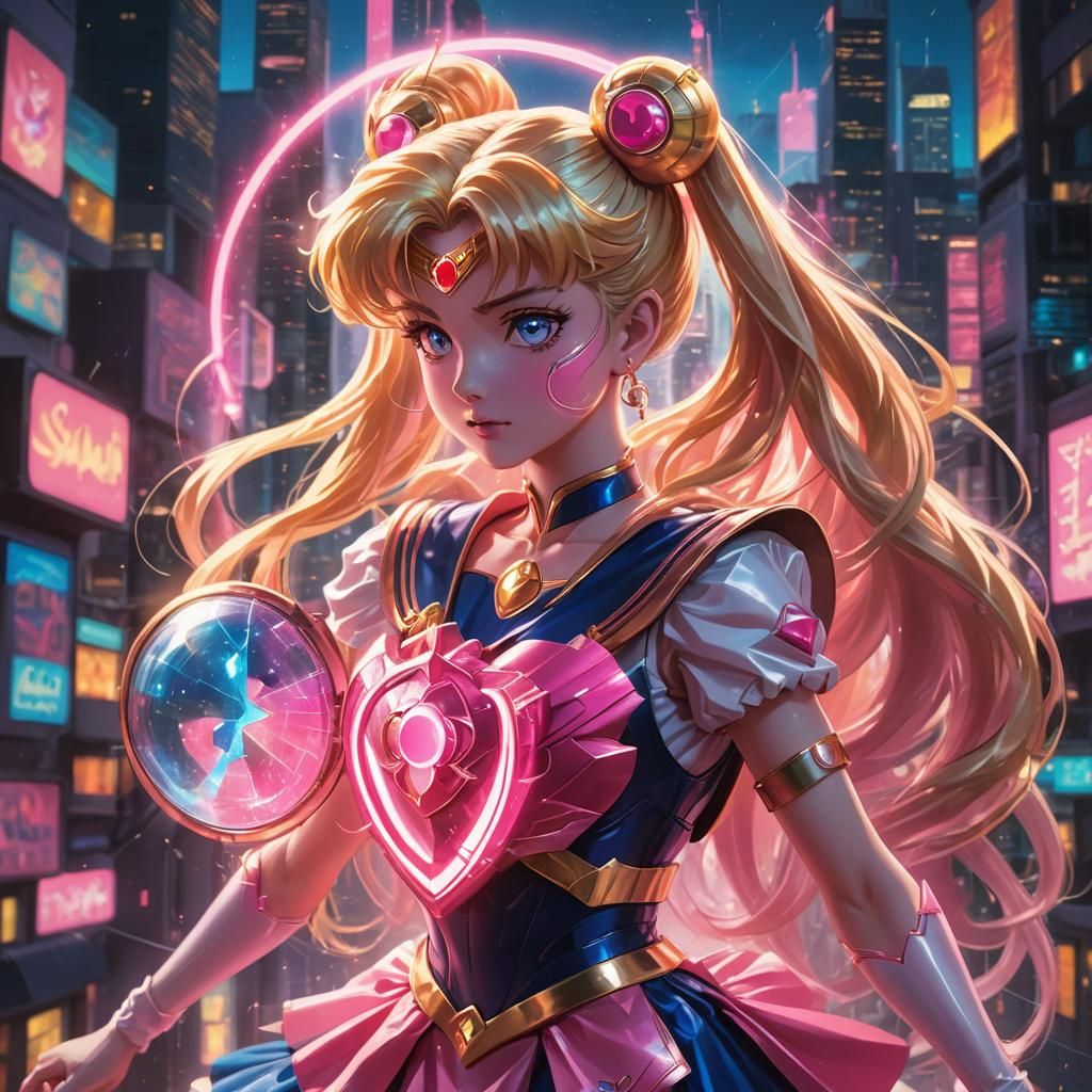 Sailor Moon's Neon Shield: A Sci-Fi Illustration