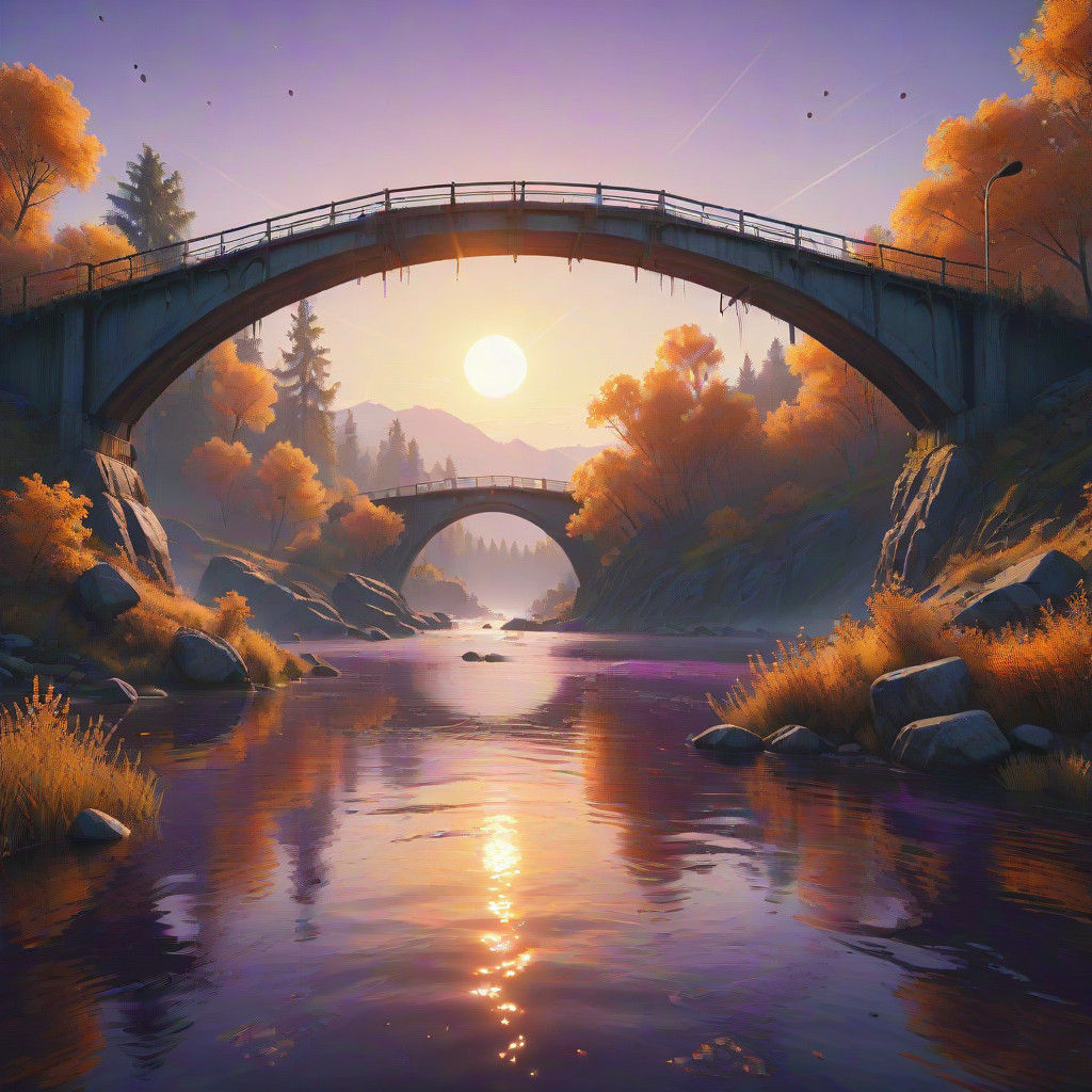 Vivid Sunrise over Majestic Open Bridge in Cyberpunk Aesthet...