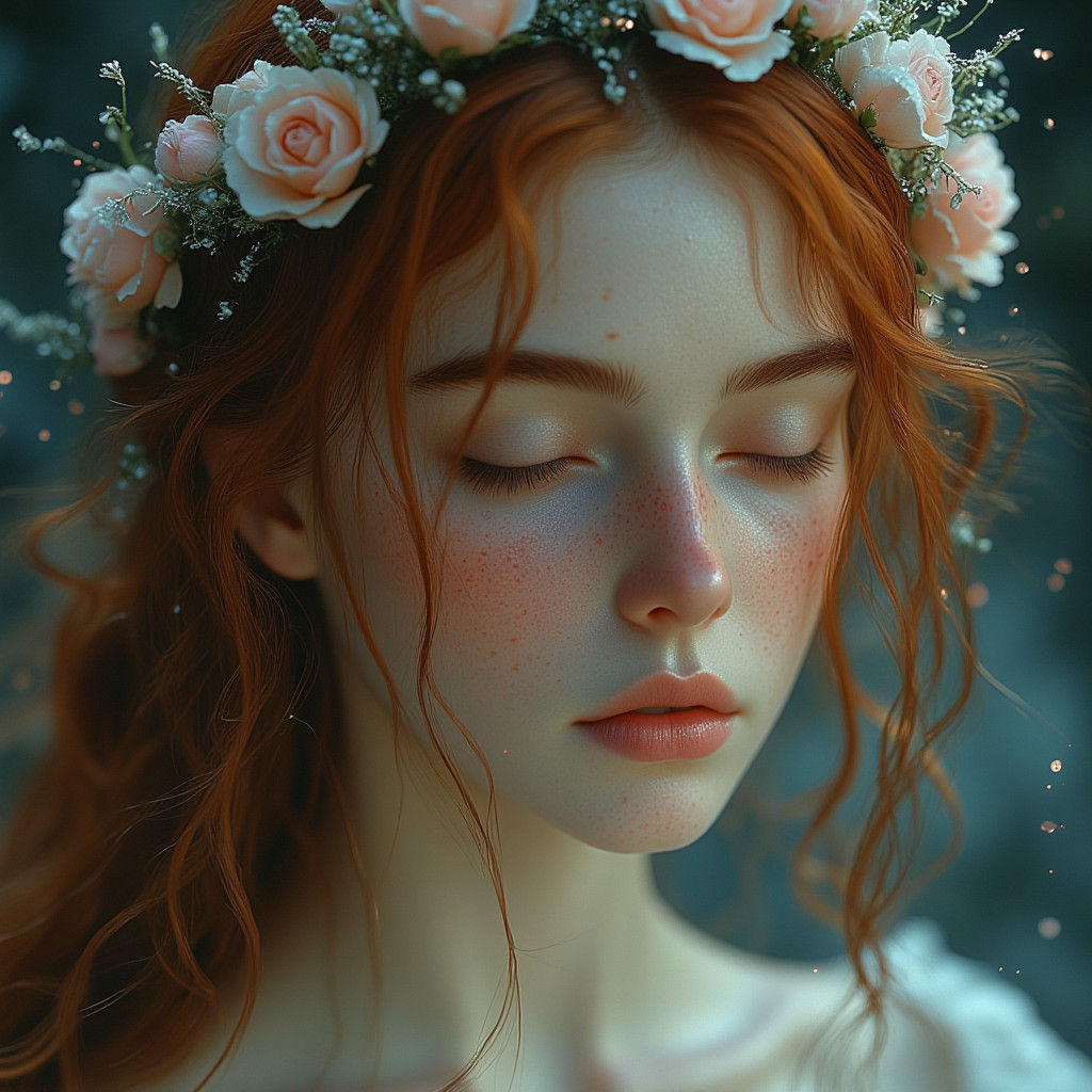 Ethereal Portrait of Woman with Flower Crown in Soft Realism