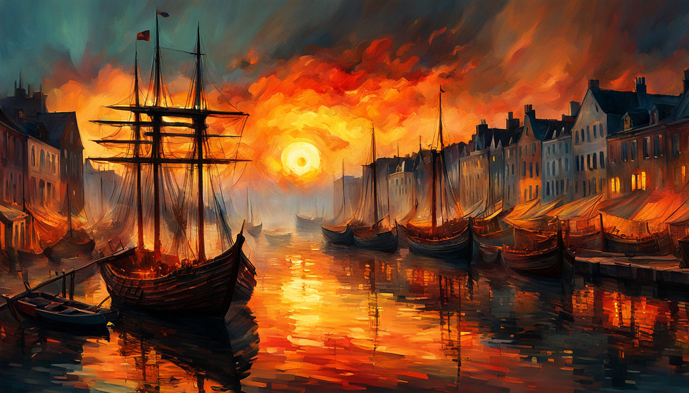 Ein feurig roter Sonnenuntergang, leidenschaftlich lebendige Interpretation, dramatische Beleuchtung, sommerliche Wärme,