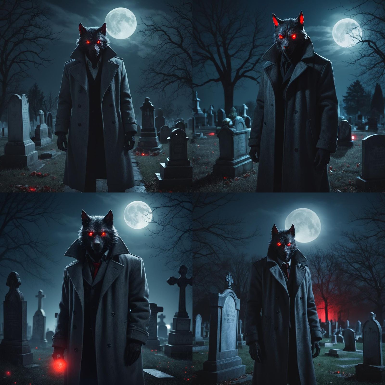 Moonlit Werewolf with Glowing Eyes in Cemetery