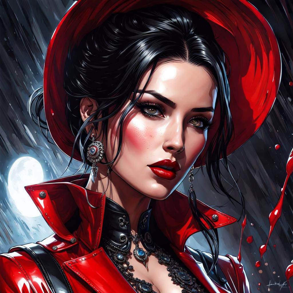 Gothic Female Portrait in Red Latex, Splash Art Style