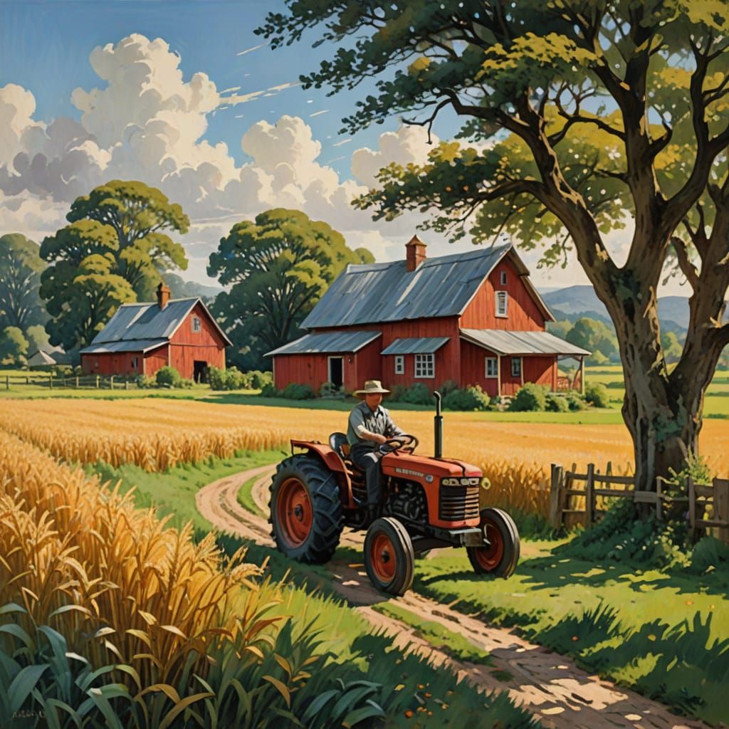 Whimsical Rural Landscape with Thatched Cottage and Golden F...