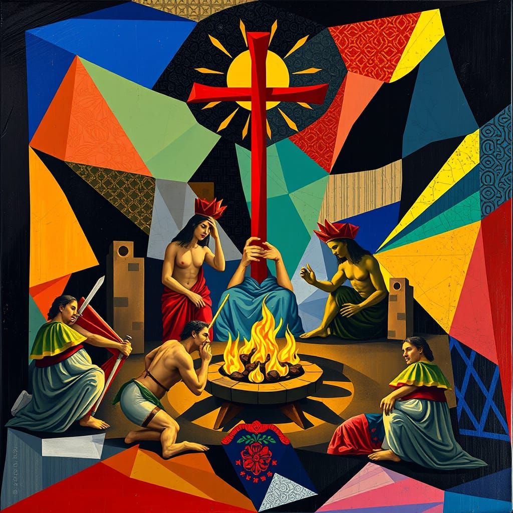 Neo-Cubist Geometric Sacrifice Scene