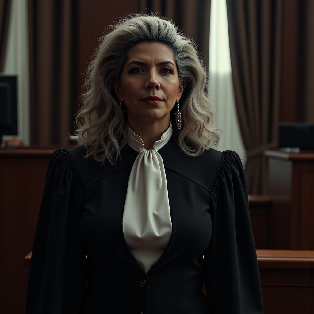 Judge Woman in Dim Courtroom: Hyperdetailed Concept Art