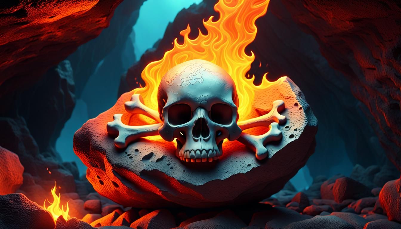 skull and crossbones carved into solid rock inside a flame lit damp caveabstract art complementary colors fine detailsPi...