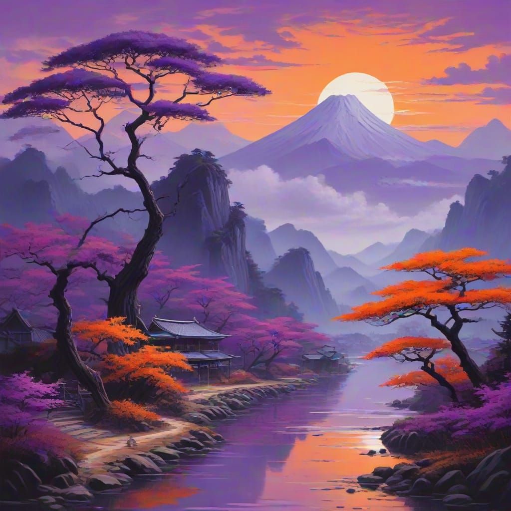 Surreal Purple Orange Landscape in Traditional Japanese Styl...