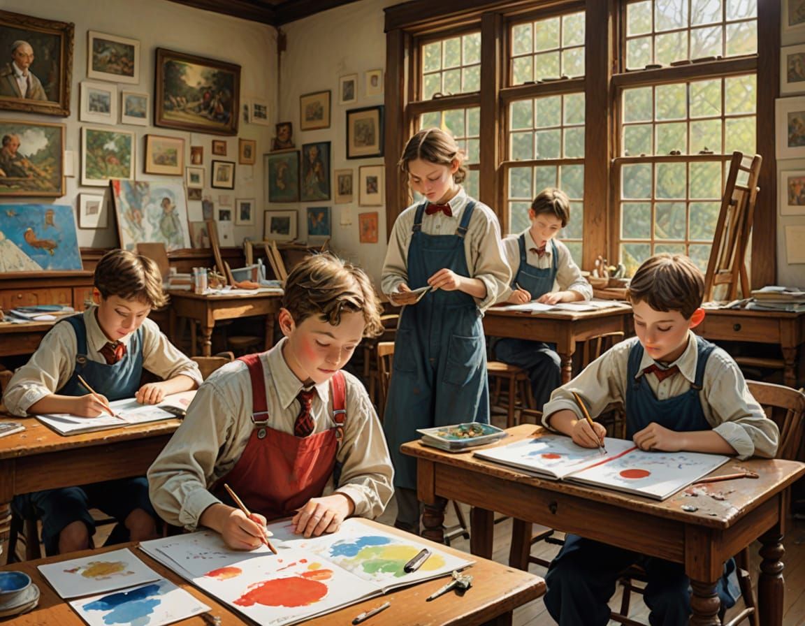 Whimsical Art Students in Renaissance-Inspired Classroom