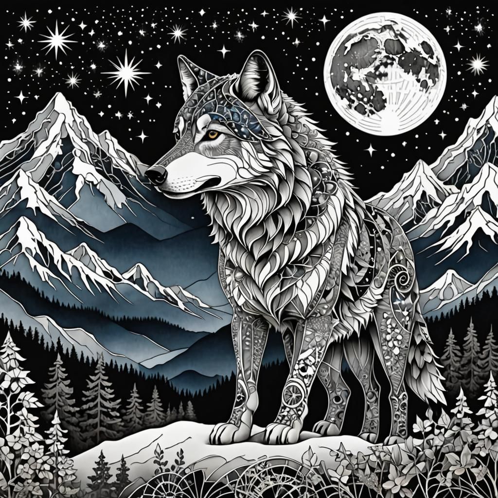 Fractal Forest with a Wolf Traversing Starry Mountains