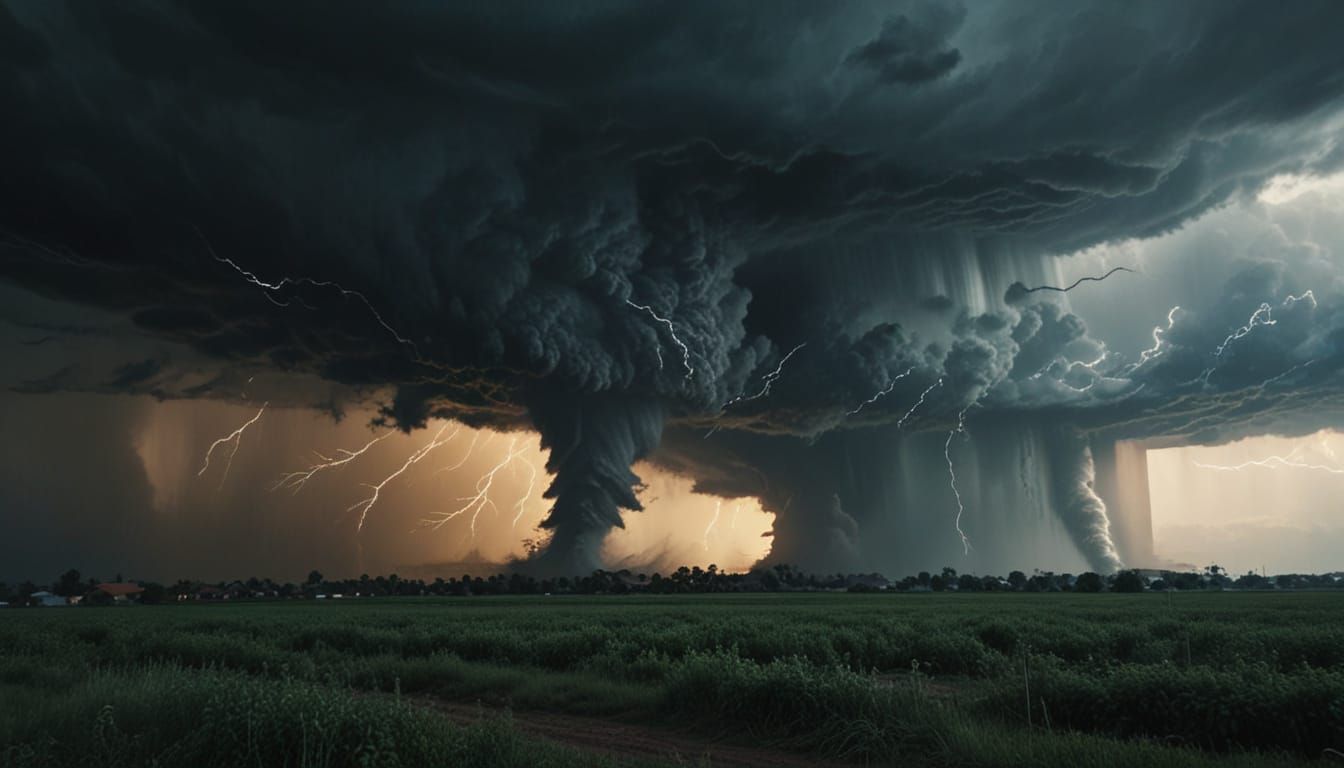 Dramatic Tornado and Lightning in Golden Hour Light