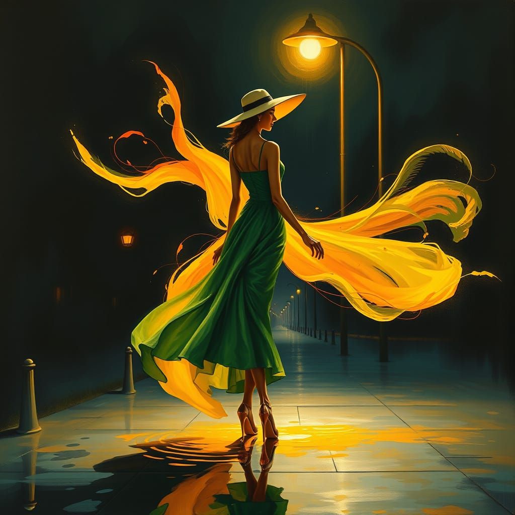 Dreamlike Painting of Elegant Woman Under Street Lamp