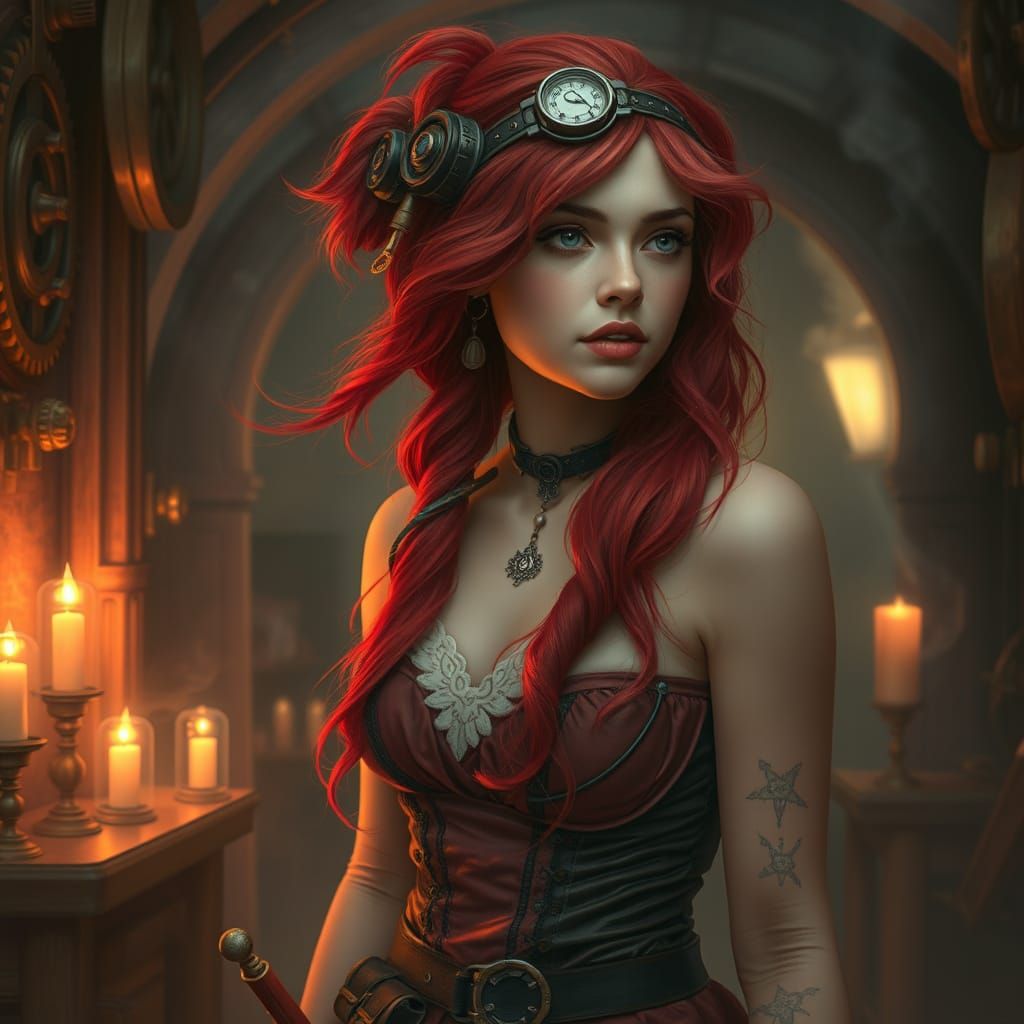 Steampunk Woman with Fire Red Hair in Candlelight