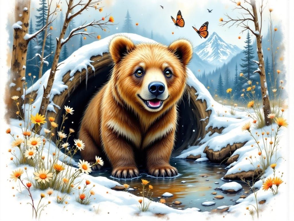 Cute Brown Bear Emerges from Den in Vibrant Spring Landscape