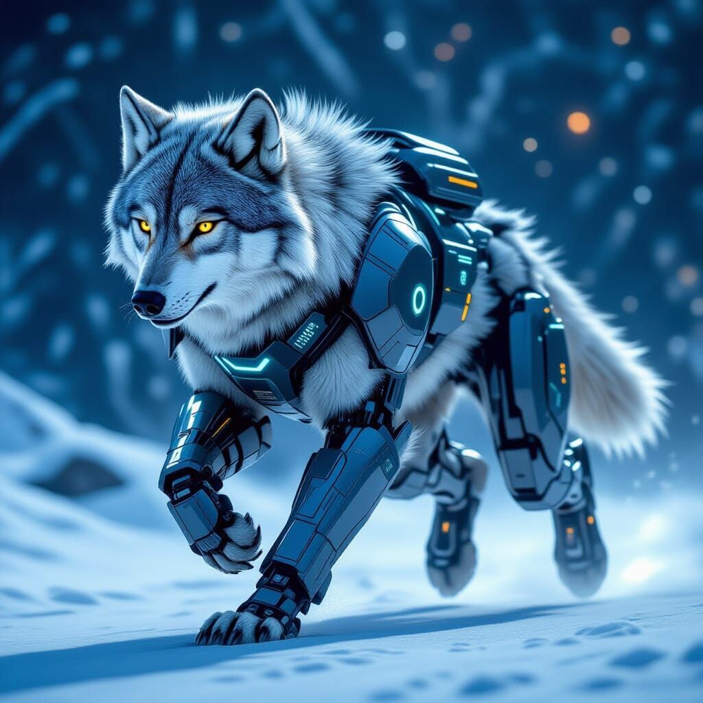 Cybernetic Arctic Wolf in a Dark Futuristic World