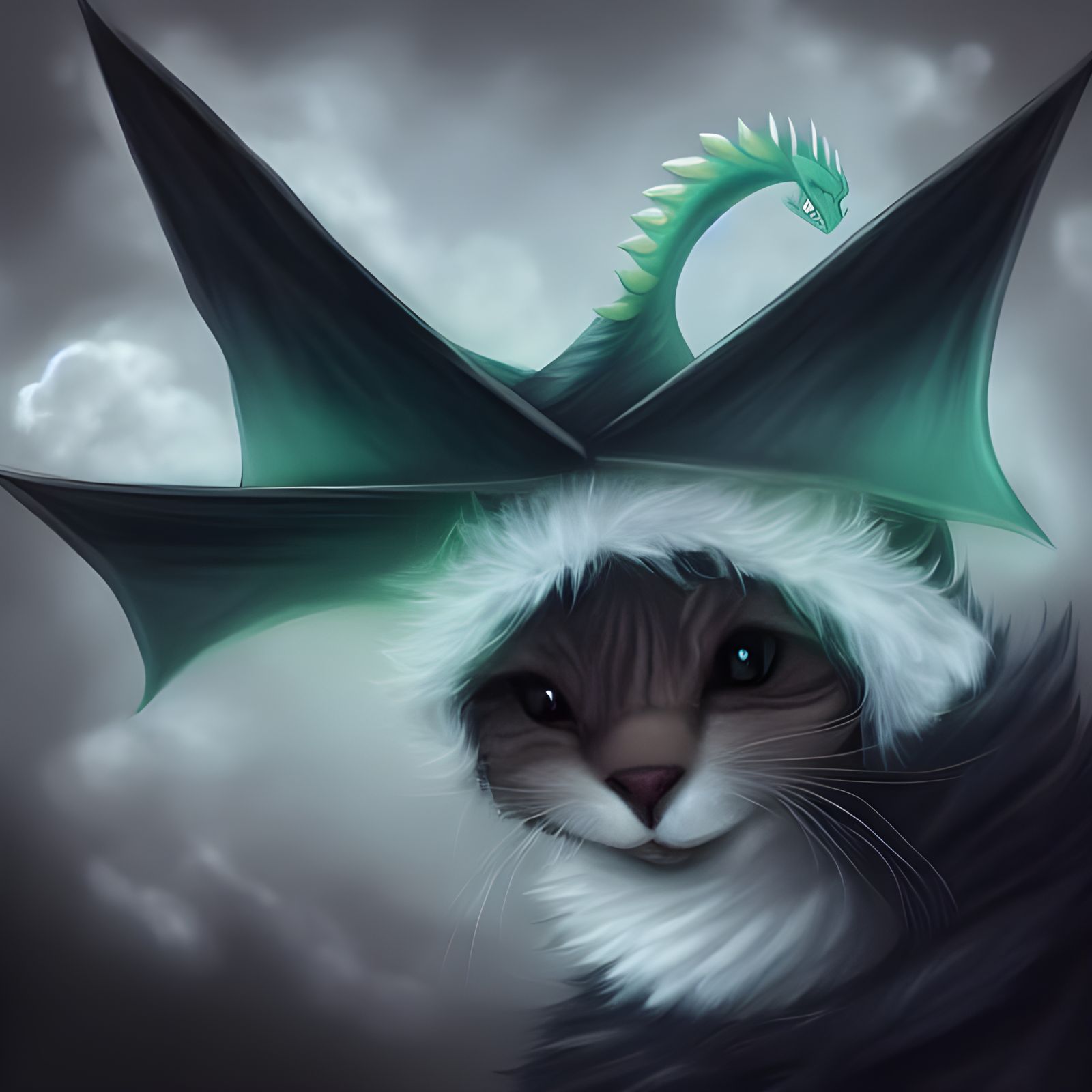 Dragon Cat in Witch Hat: Fantasy Image