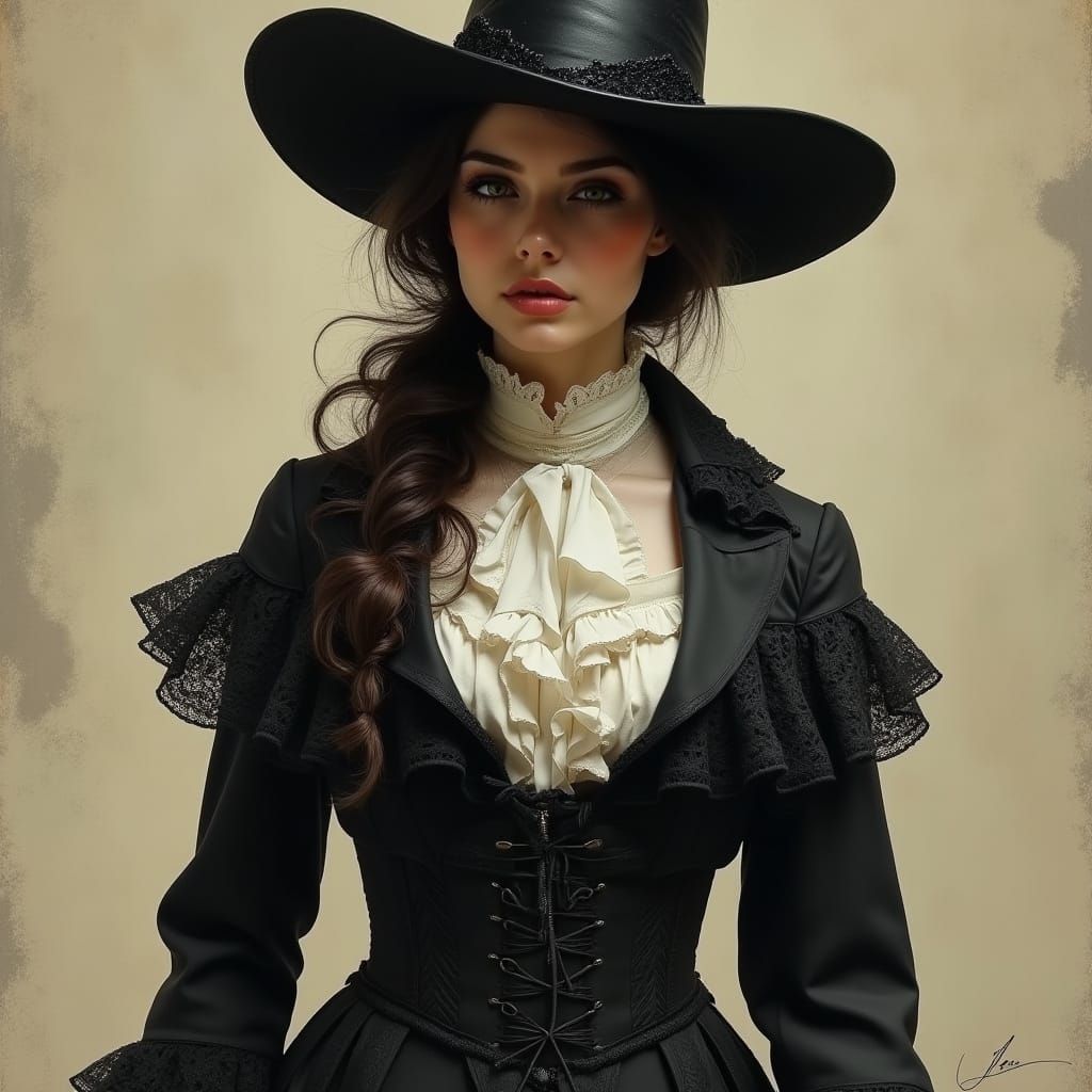 Victorian Cowgirl in Elegant Black Coat and White Blouse