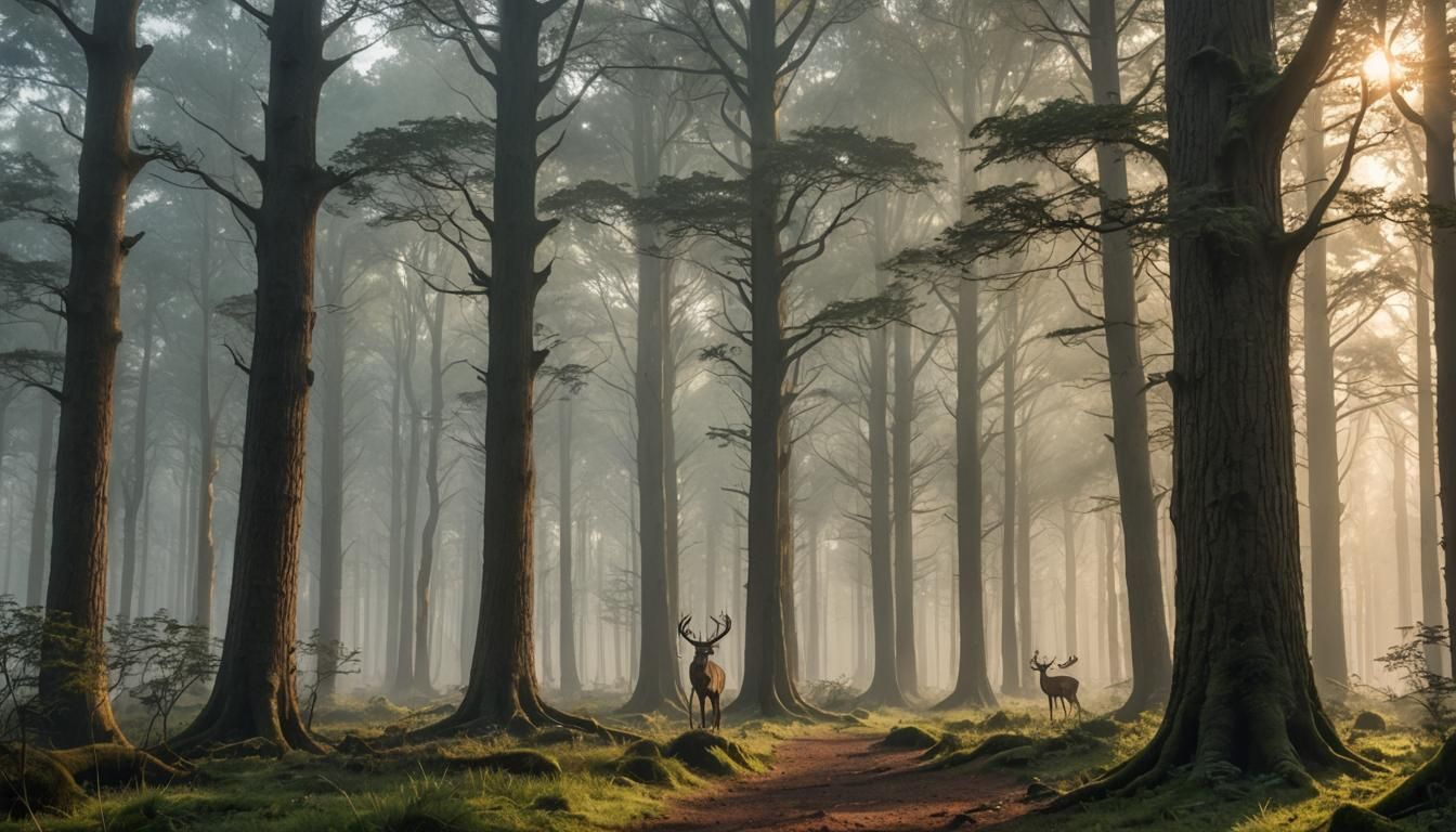 Enchanted Forest Scene with Curious Deer