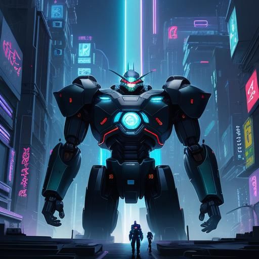 Futuristic Mecha Robot in Neon Cityscape