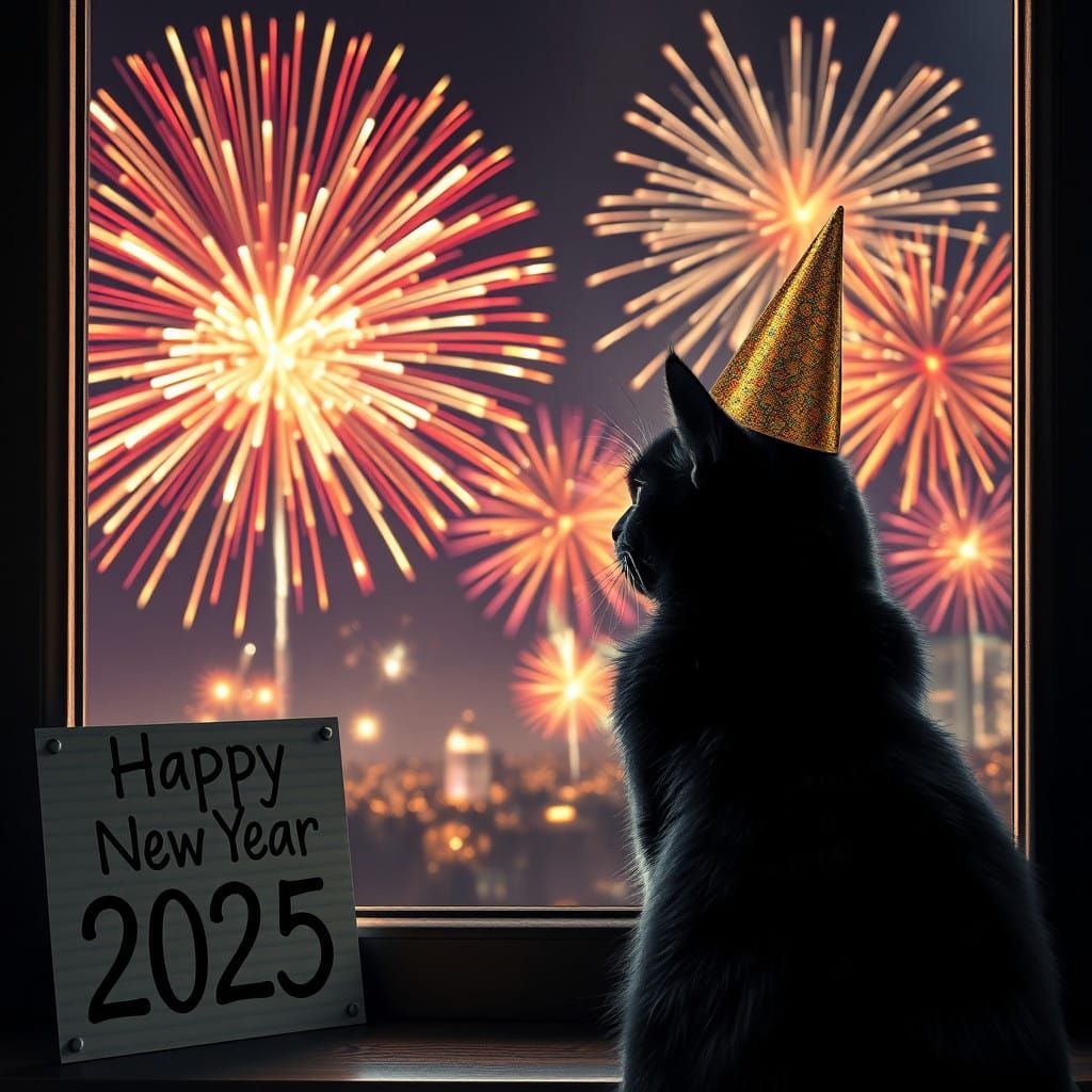 Celebratory Black Cat Sees New Year Fireworks