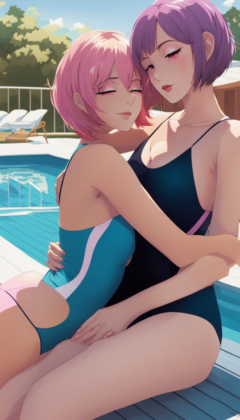 Anime-Style Poolside Hug Between Friends