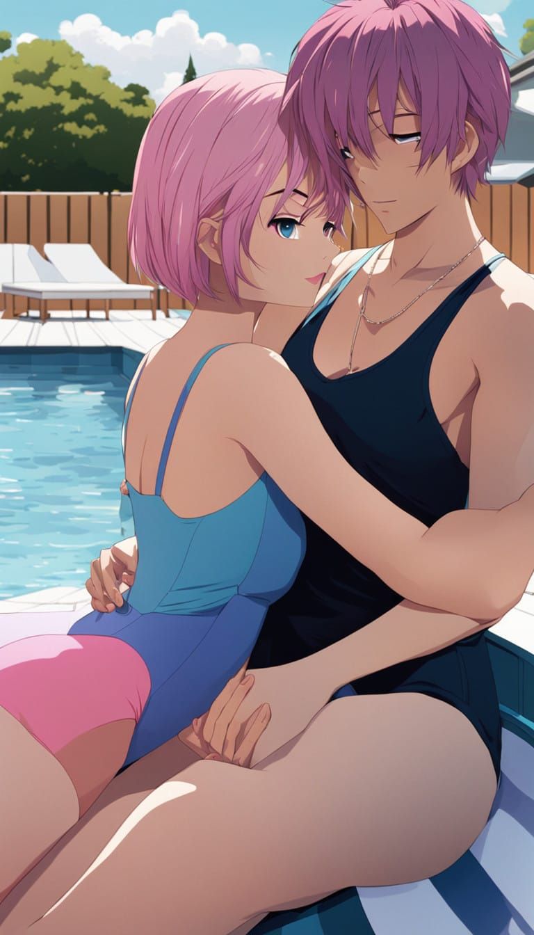 Anime Friends Share a Heartwarming Poolside Hug