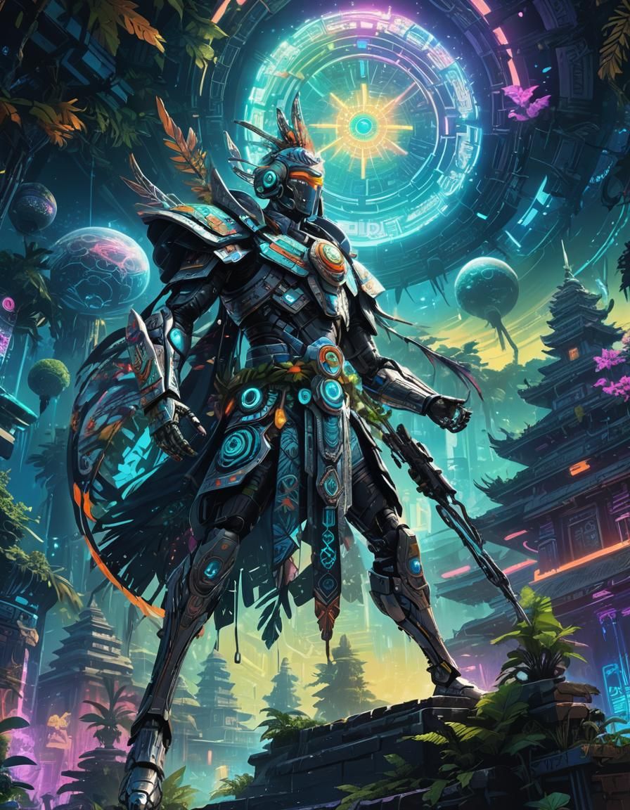 Cyborg Priest with Tribal Paintings in Cyberpunk Style