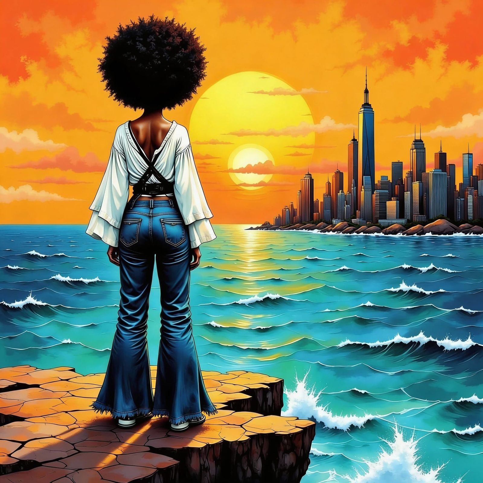Afro Samurai in Kimono Gazes at New York City