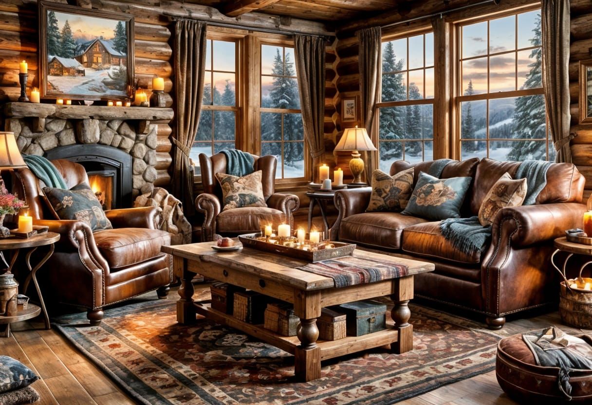Cozy Log Cabin Living Room at Twilight